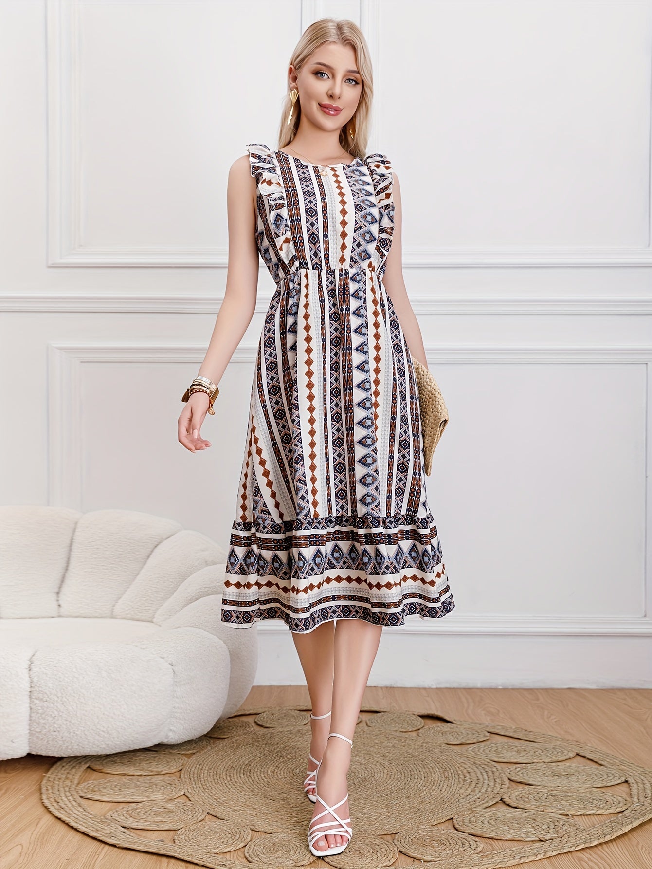 Burning Bones Striped Round-Neck Ruffled Patern Sleeveless Waist-Tie Maxi Dress