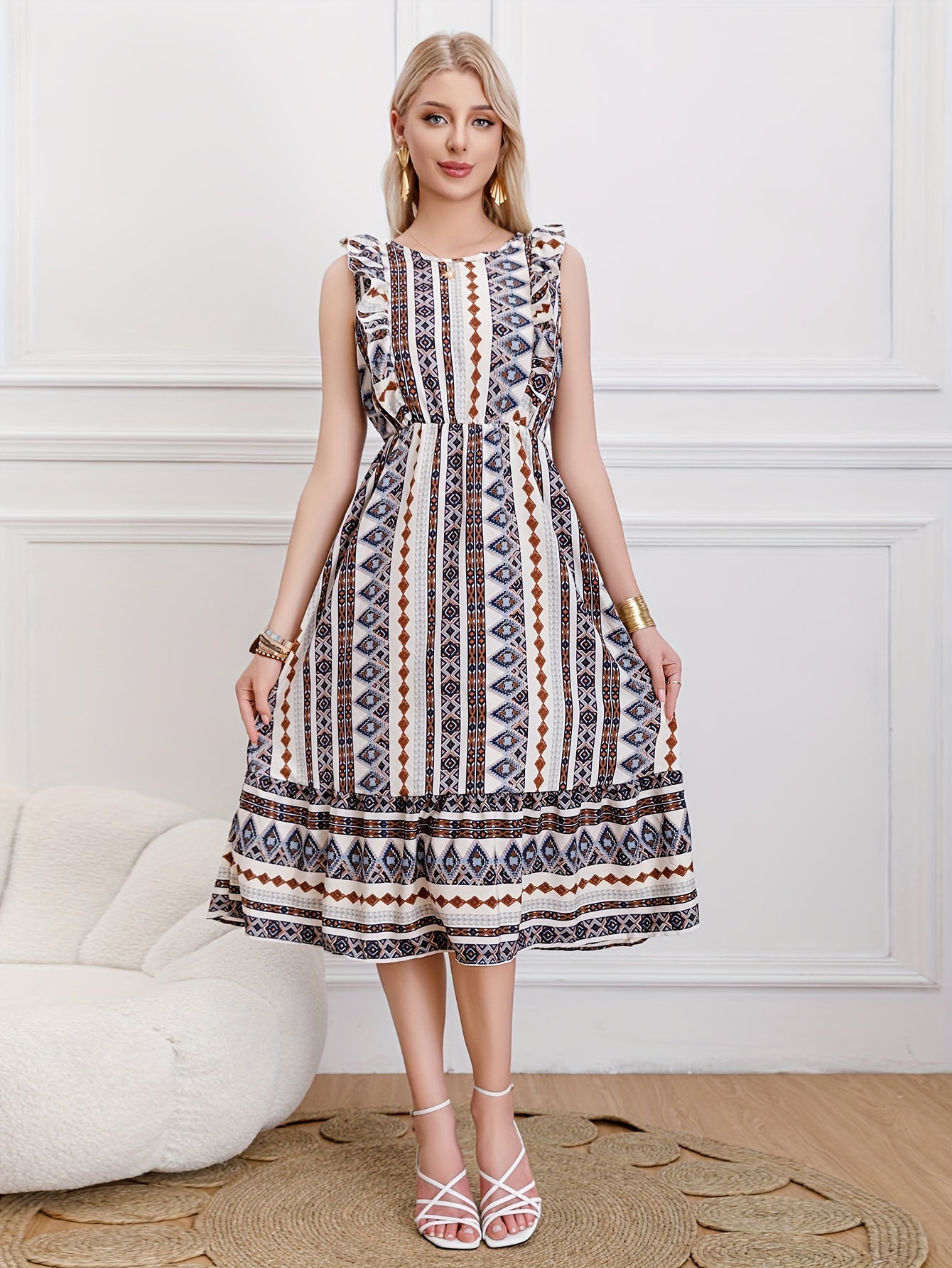 Burning Bones Striped Round-Neck Ruffled Patern Sleeveless Waist-Tie Maxi Dress