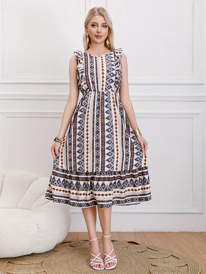 Burning Bones Striped Round-Neck Ruffled Patern Sleeveless Waist-Tie Maxi Dress