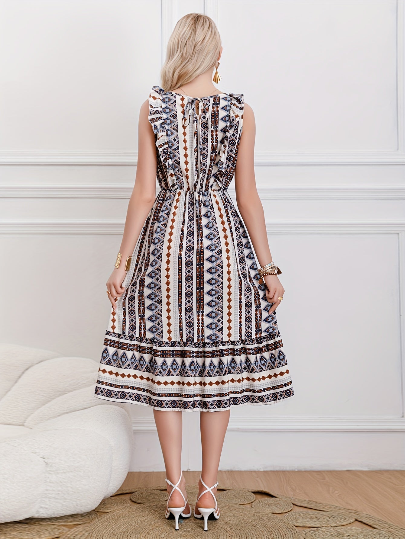 Burning Bones Striped Round-Neck Ruffled Patern Sleeveless Waist-Tie Maxi Dress