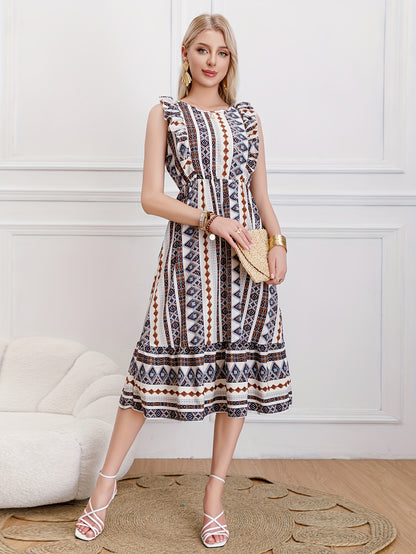 Burning Bones Striped Round-Neck Ruffled Patern Sleeveless Waist-Tie Maxi Dress