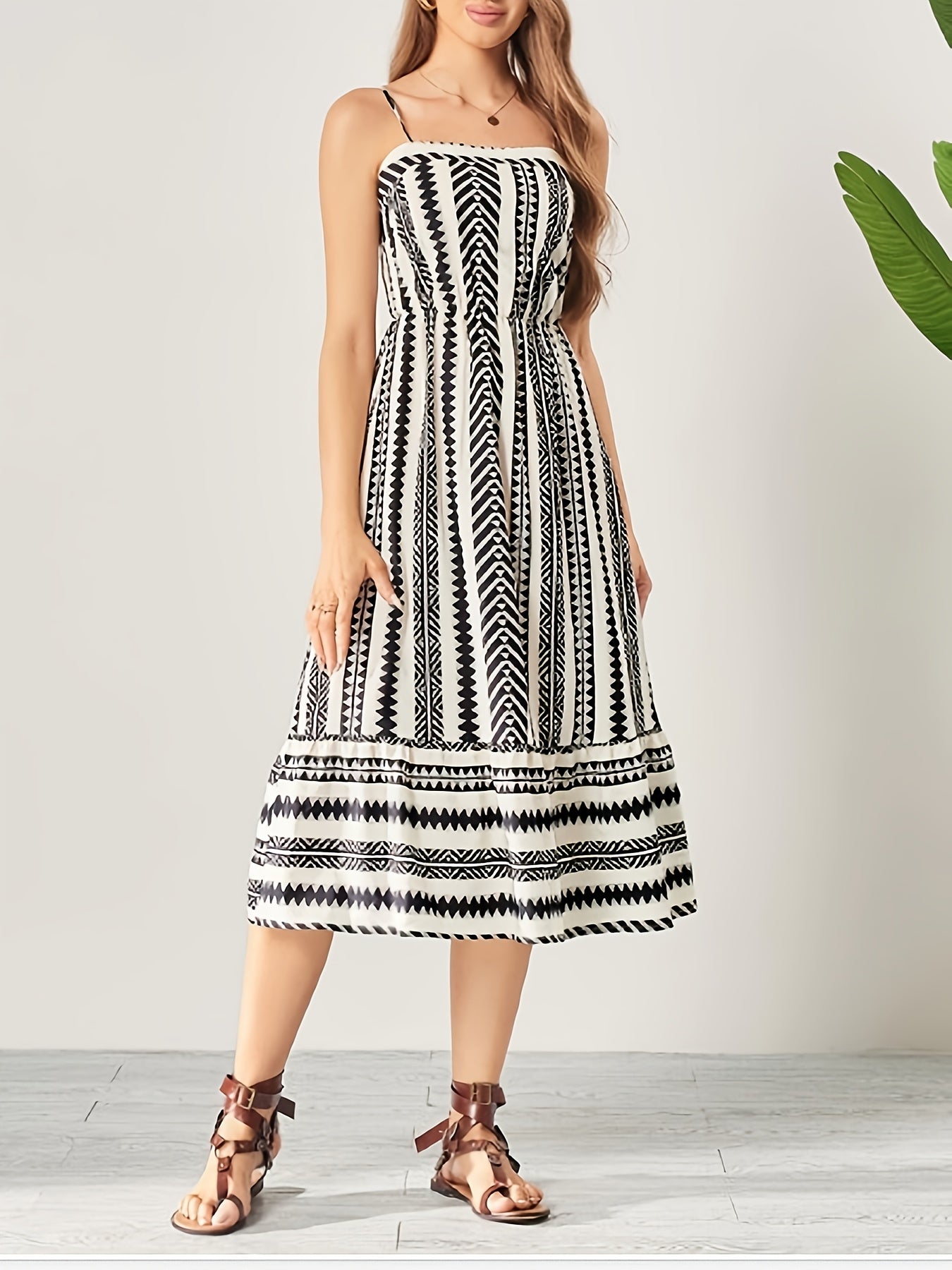 Burning Bones Striped Square-Neck Sleeveless Waist-Tie Maxi Dress