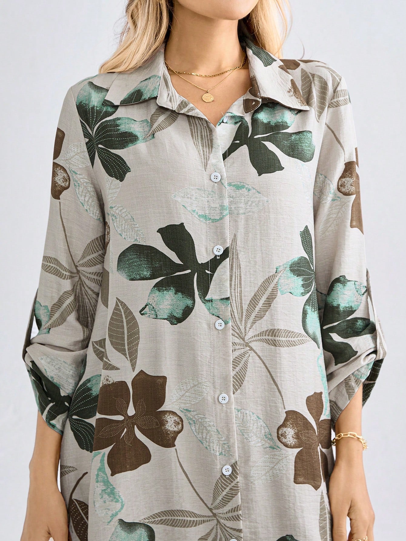 Burning Bones Tropical Leaf Print Shirt Dress for Women | Lightweight Casual Dress