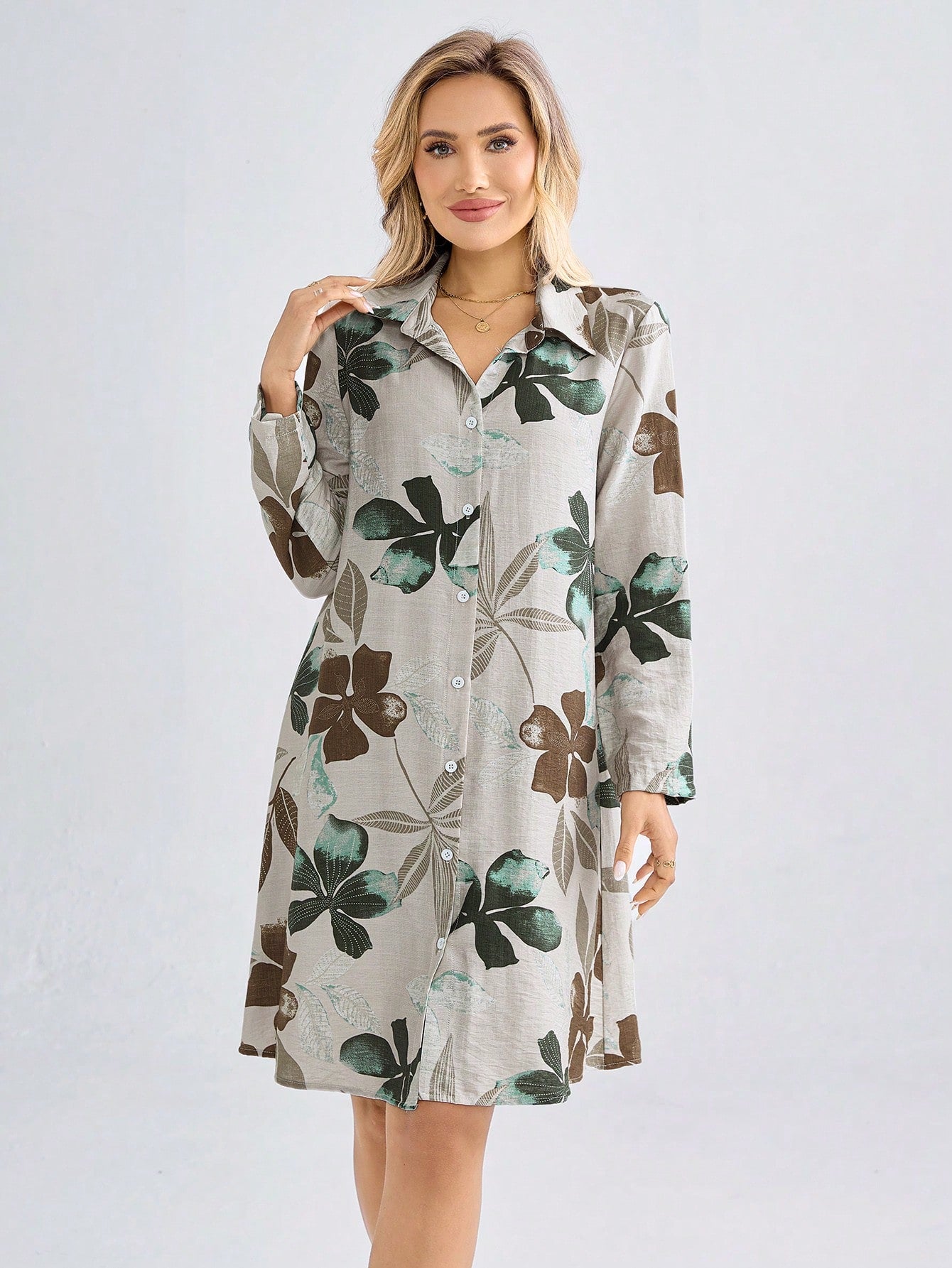 Burning Bones Tropical Leaf Print Shirt Dress for Women | Lightweight Casual Dress