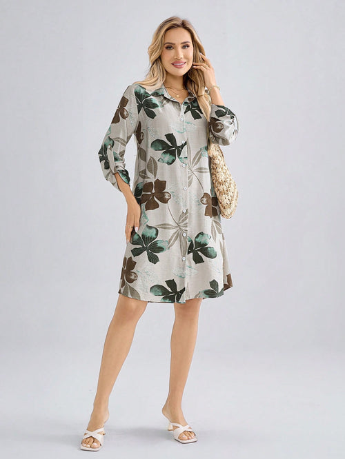 Burning Bones Tropical Leaf Print Shirt Dress for Women | Lightweight Casual Dress