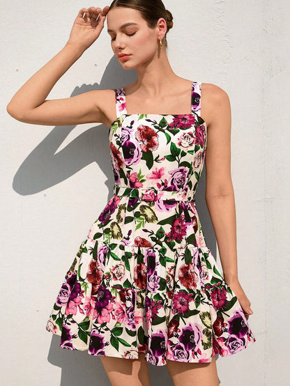 Burning Bones Floral Square Neck Sleeveless Mini Dress | Summer Belted Dress