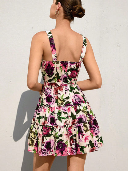 Burning Bones Floral Square Neck Sleeveless Mini Dress | Summer Belted Dress