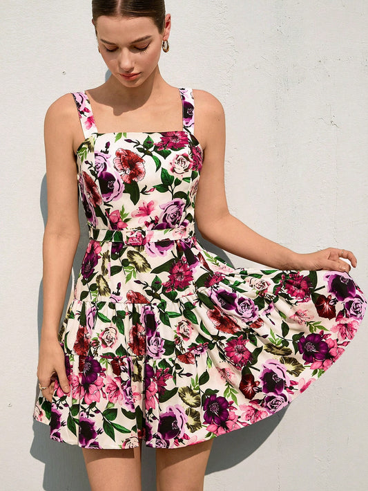 Burning Bones Floral Square Neck Sleeveless Mini Dress | Summer Belted Dress