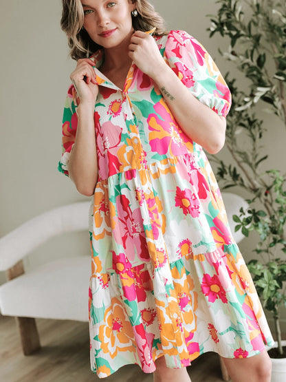 Burning Bones Bright Floral Puff Sleeve Shirt Dress | Summer Casual Dress for Women