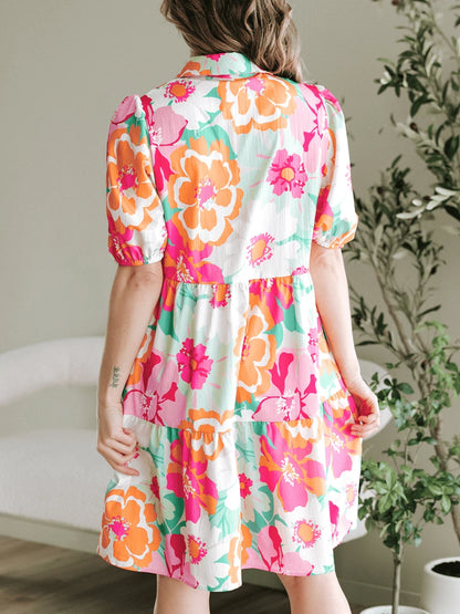 Burning Bones Bright Floral Puff Sleeve Shirt Dress | Summer Casual Dress for Women