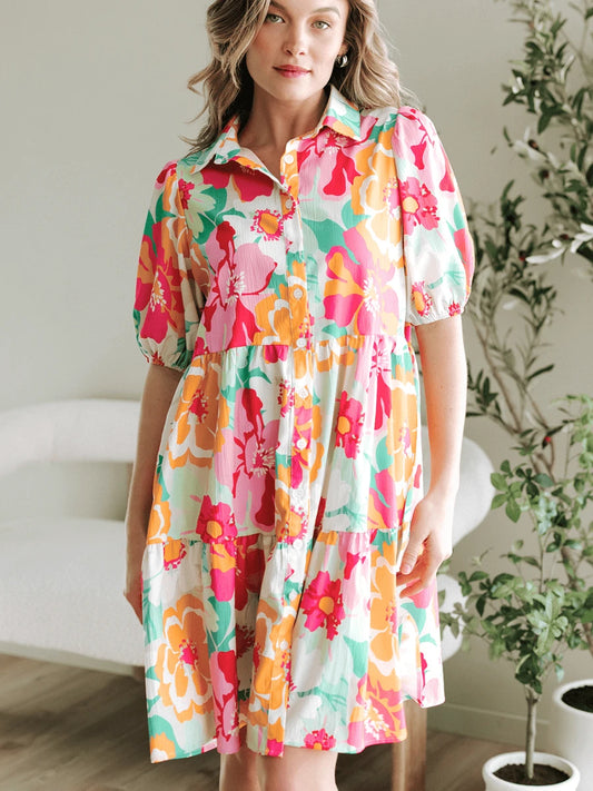 Burning Bones Bright Floral Puff Sleeve Shirt Dress | Summer Casual Dress for Women