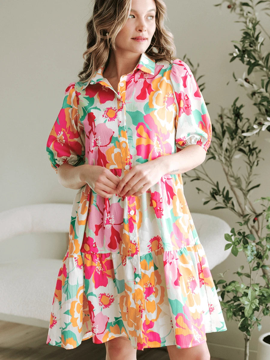 Burning Bones Bright Floral Puff Sleeve Shirt Dress | Summer Casual Dress for Women