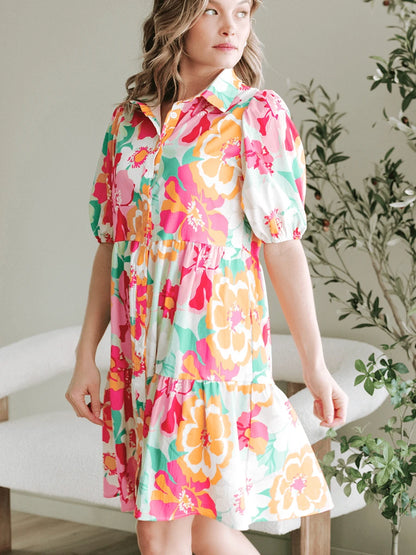 Burning Bones Bright Floral Puff Sleeve Shirt Dress | Summer Casual Dress for Women
