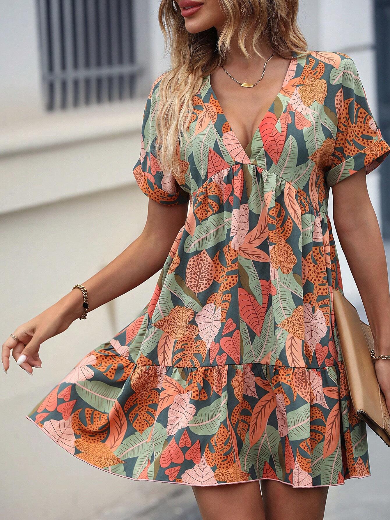 Burning Bones Tropical Leaf V-Neck Flared Mini Dress | Bold Print Summer Dress