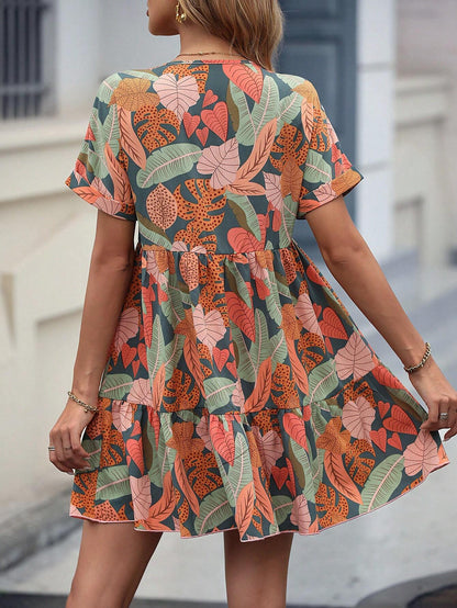 Burning Bones Tropical Leaf V-Neck Flared Mini Dress | Bold Print Summer Dress