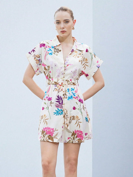 Burning Bones Elegant Floral Belted Shirt Dress for Women | Button-Down Summer Dress