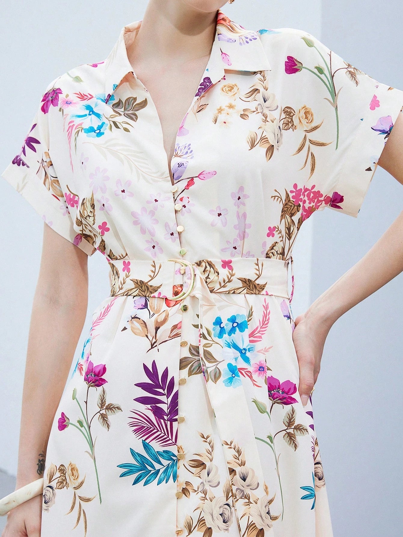 Burning Bones Elegant Floral Belted Shirt Dress for Women | Button-Down Summer Dress