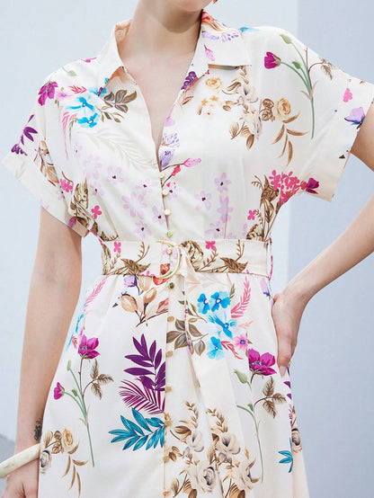 Burning Bones Elegant Floral Belted Shirt Dress for Women | Button-Down Summer Dress