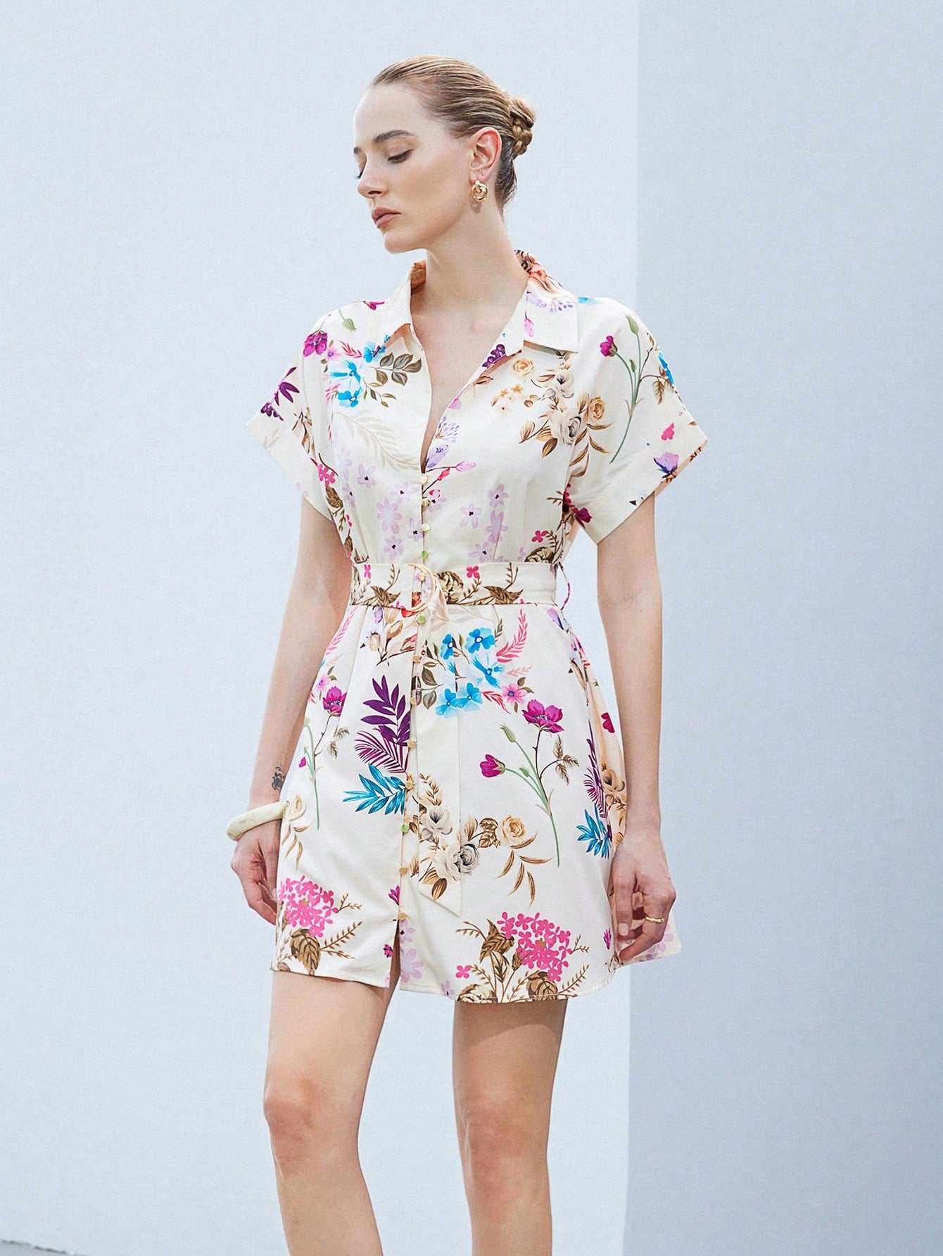 Burning Bones Elegant Floral Belted Shirt Dress for Women | Button-Down Summer Dress