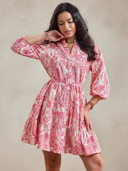 Burning Bones Paisley Print Belted Shirt Dress for Women | Elegant Ethnic-Chic Dress