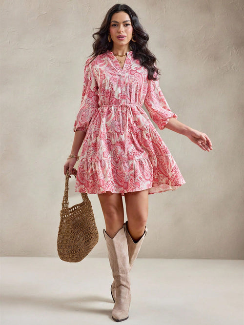 Burning Bones Paisley Print Belted Shirt Dress for Women | Elegant Ethnic-Chic Dress