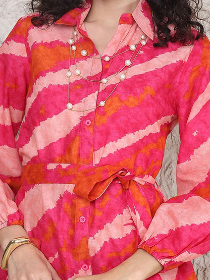 Burning Bones Pink & Orange Tie-Dye Belted Shirt Dress | Bold Long Sleeve Mini Dress