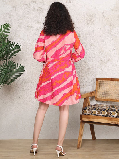 Burning Bones Pink & Orange Tie-Dye Belted Shirt Dress | Bold Long Sleeve Mini Dress