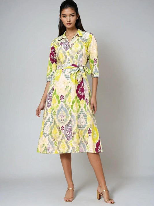 Burning Bones Ikat Print Belted Midi Shirt Dress for Women | Ethnic-Inspired Casual Dress