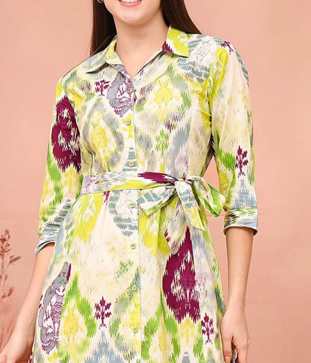Burning Bones Ikat Print Belted Midi Shirt Dress for Women | Ethnic-Inspired Casual Dress