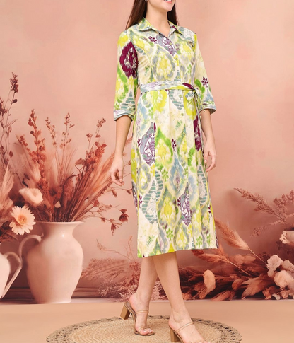 Burning Bones Ikat Print Belted Midi Shirt Dress for Women | Ethnic-Inspired Casual Dress