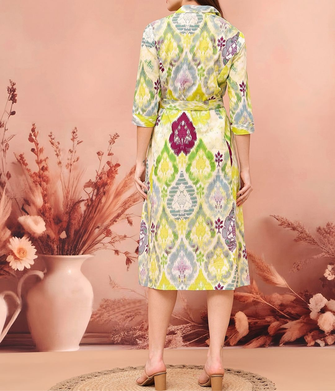Burning Bones Ikat Print Belted Midi Shirt Dress for Women | Ethnic-Inspired Casual Dress