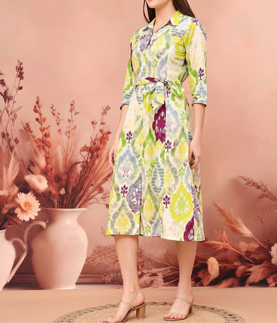 Burning Bones Ikat Print Belted Midi Shirt Dress for Women | Ethnic-Inspired Casual Dress