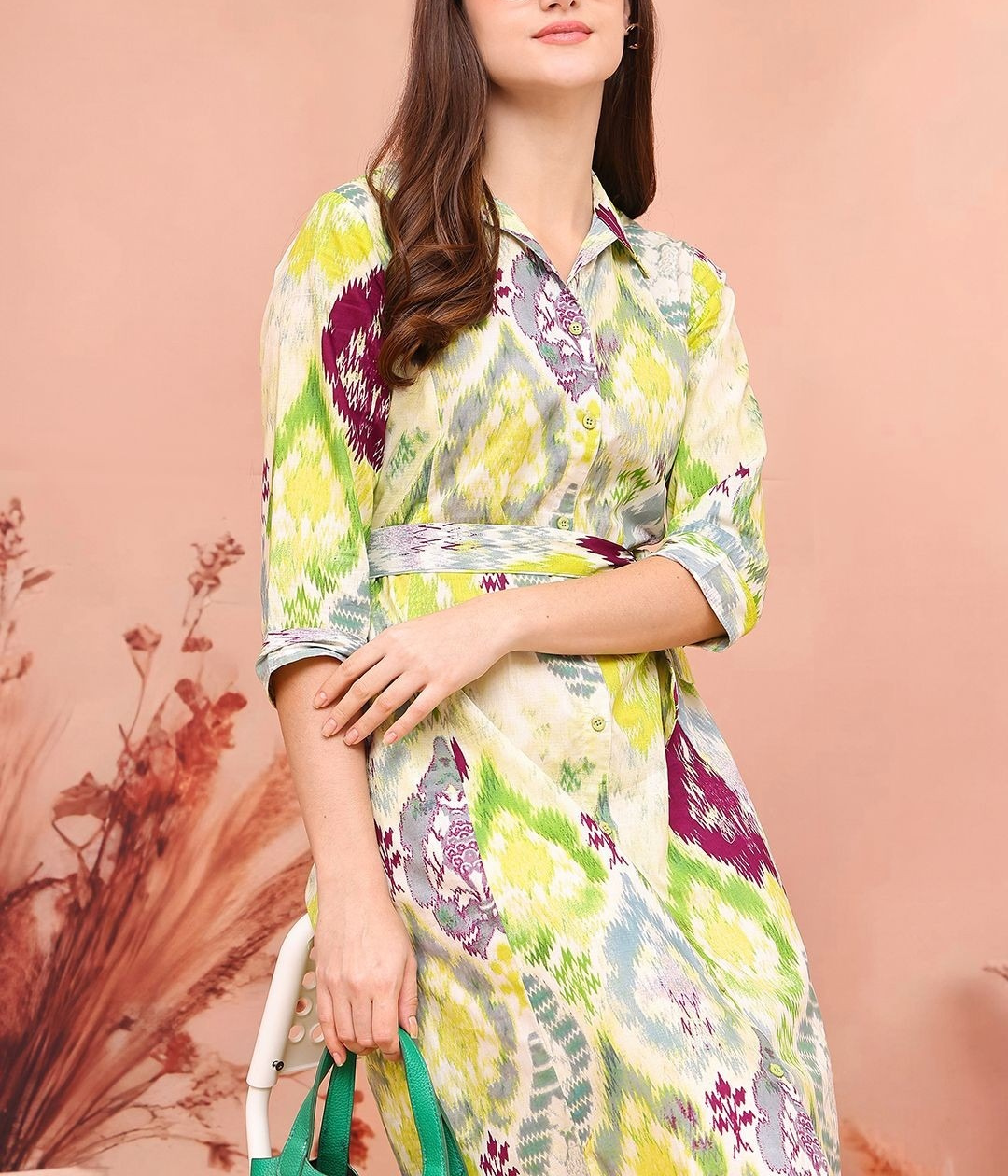 Burning Bones Ikat Print Belted Midi Shirt Dress for Women | Ethnic-Inspired Casual Dress