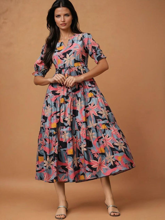 Burning Bones Floral Printed Tiered Midi Dress for Women  | Elegant Puff Sleeve Dress