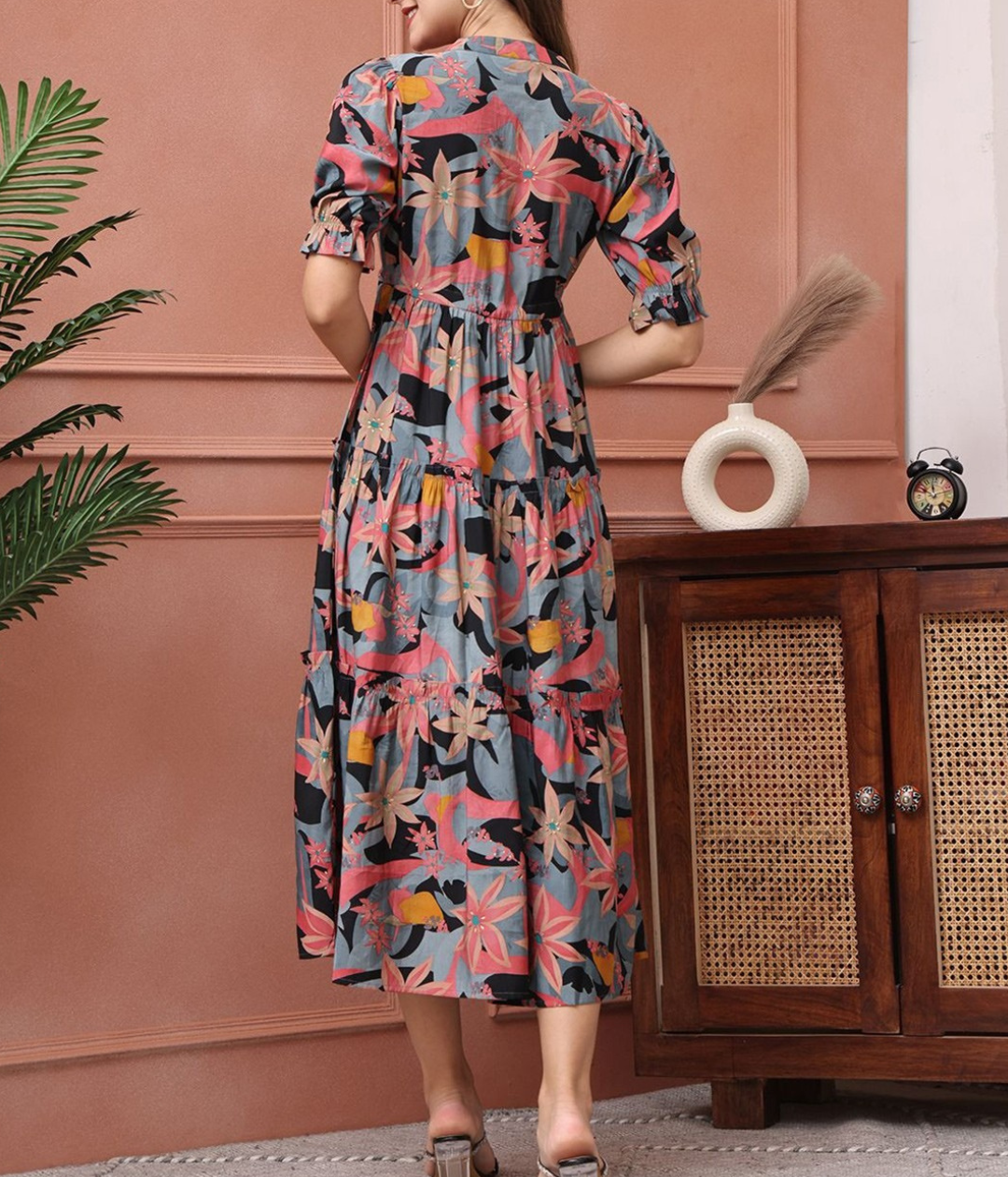 Burning Bones Floral Printed Tiered Midi Dress for Women  | Elegant Puff Sleeve Dress