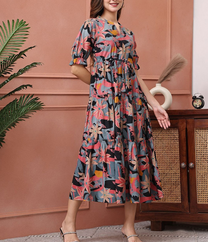 Burning Bones Floral Printed Tiered Midi Dress for Women  | Elegant Puff Sleeve Dress