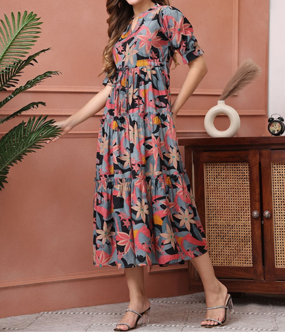 Burning Bones Floral Printed Tiered Midi Dress for Women  | Elegant Puff Sleeve Dress