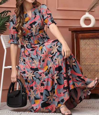 Burning Bones Floral Printed Tiered Midi Dress for Women  | Elegant Puff Sleeve Dress