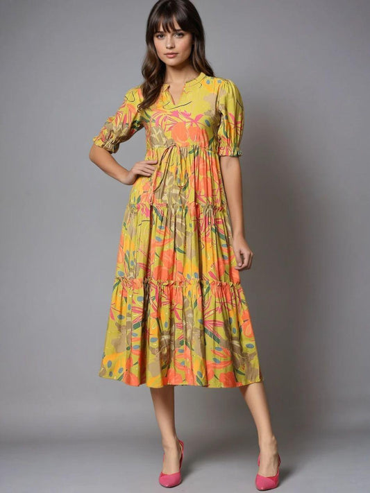 Burning Bones Yellow Floral Tiered Midi Dress for Women | Bright Puff Sleeve Cotton Dress