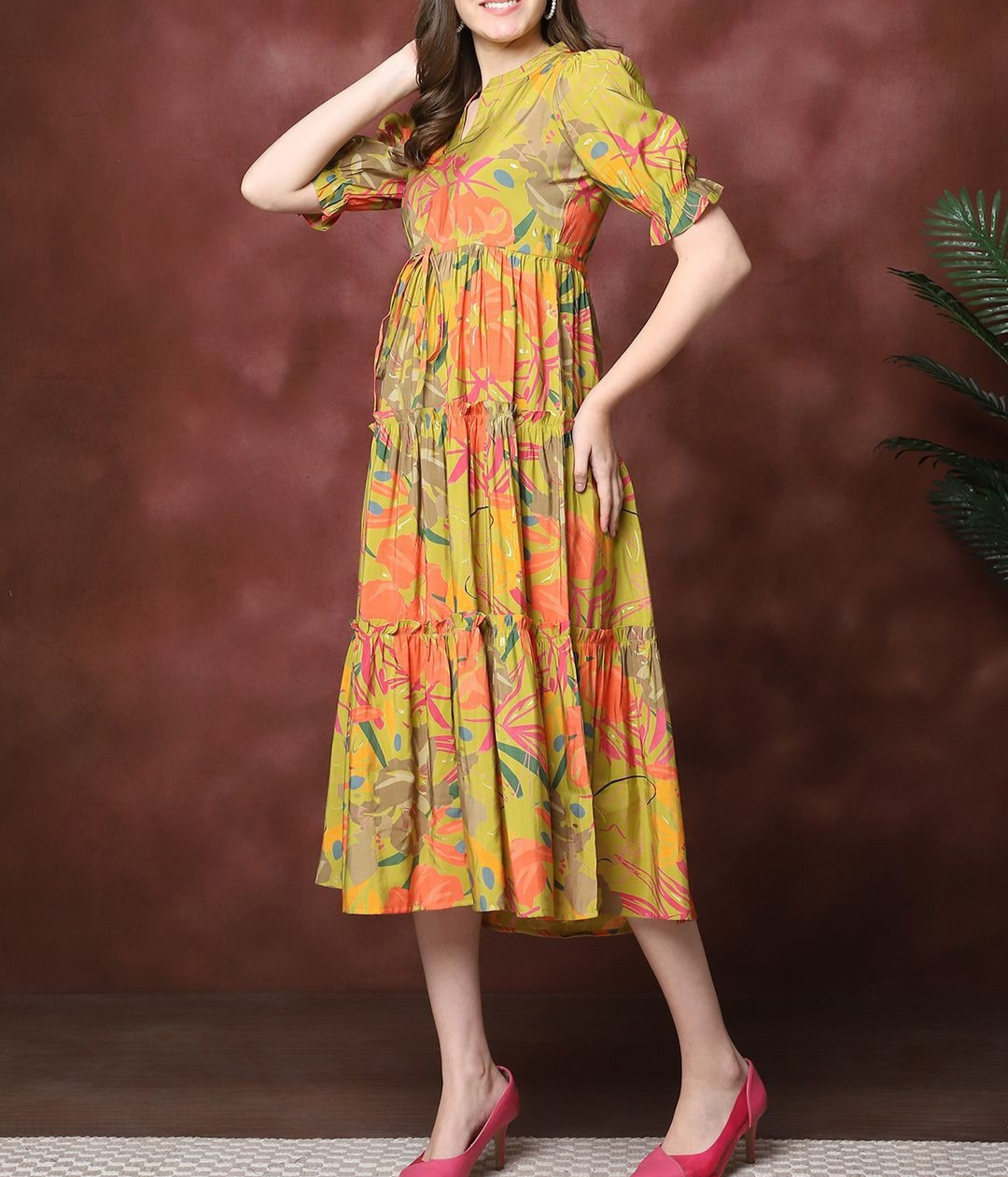 Burning Bones Yellow Floral Tiered Midi Dress for Women | Bright Puff Sleeve Cotton Dress