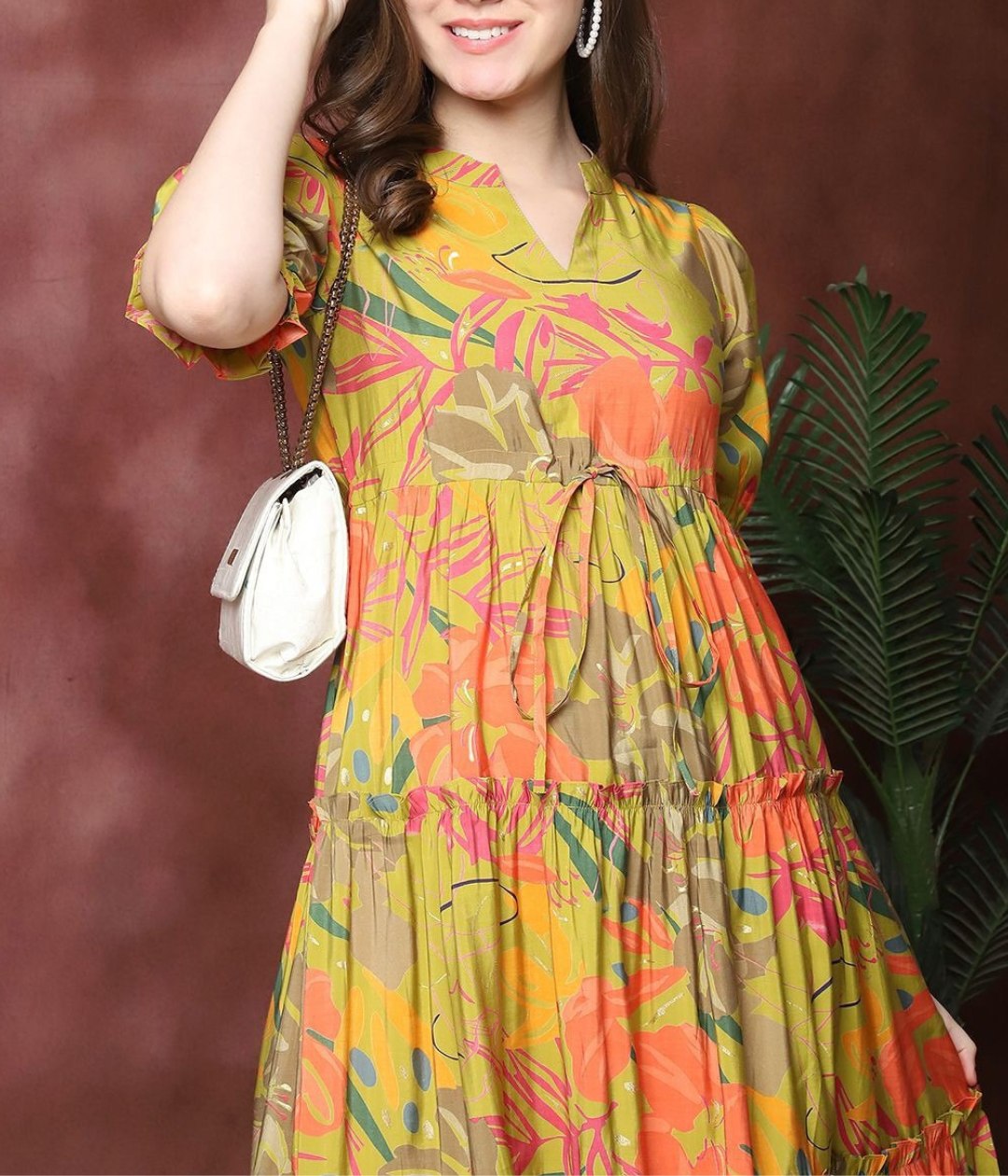 Burning Bones Yellow Floral Tiered Midi Dress for Women | Bright Puff Sleeve Cotton Dress