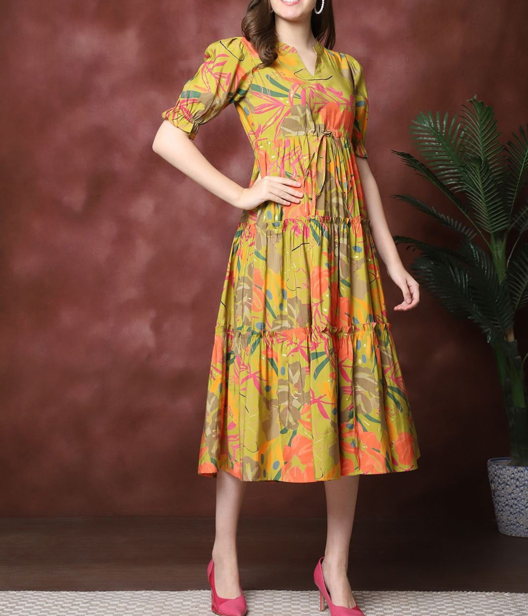 Burning Bones Yellow Floral Tiered Midi Dress for Women | Bright Puff Sleeve Cotton Dress