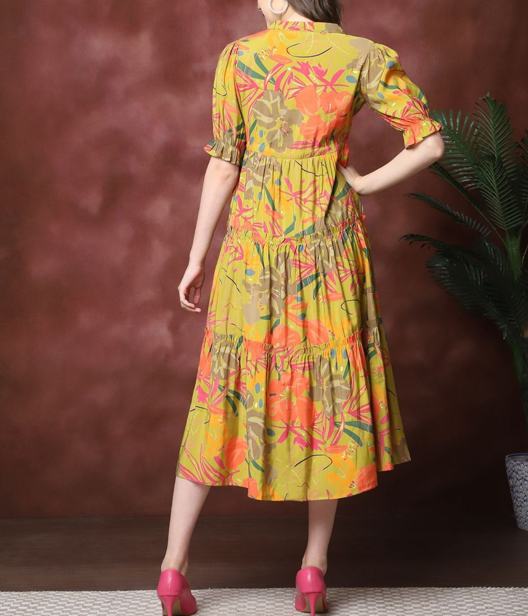 Burning Bones Yellow Floral Tiered Midi Dress for Women | Bright Puff Sleeve Cotton Dress