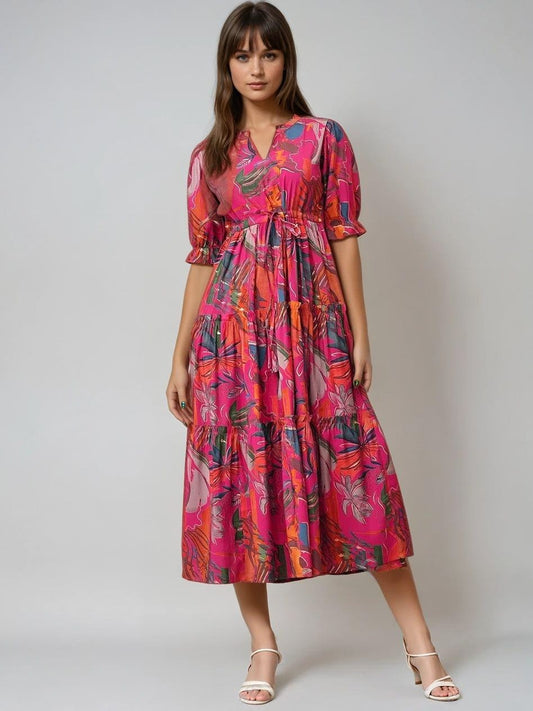 Burning Bones Pink Floral Tiered Midi Dress for Women | Puff Sleeve Cotton Casual Dress