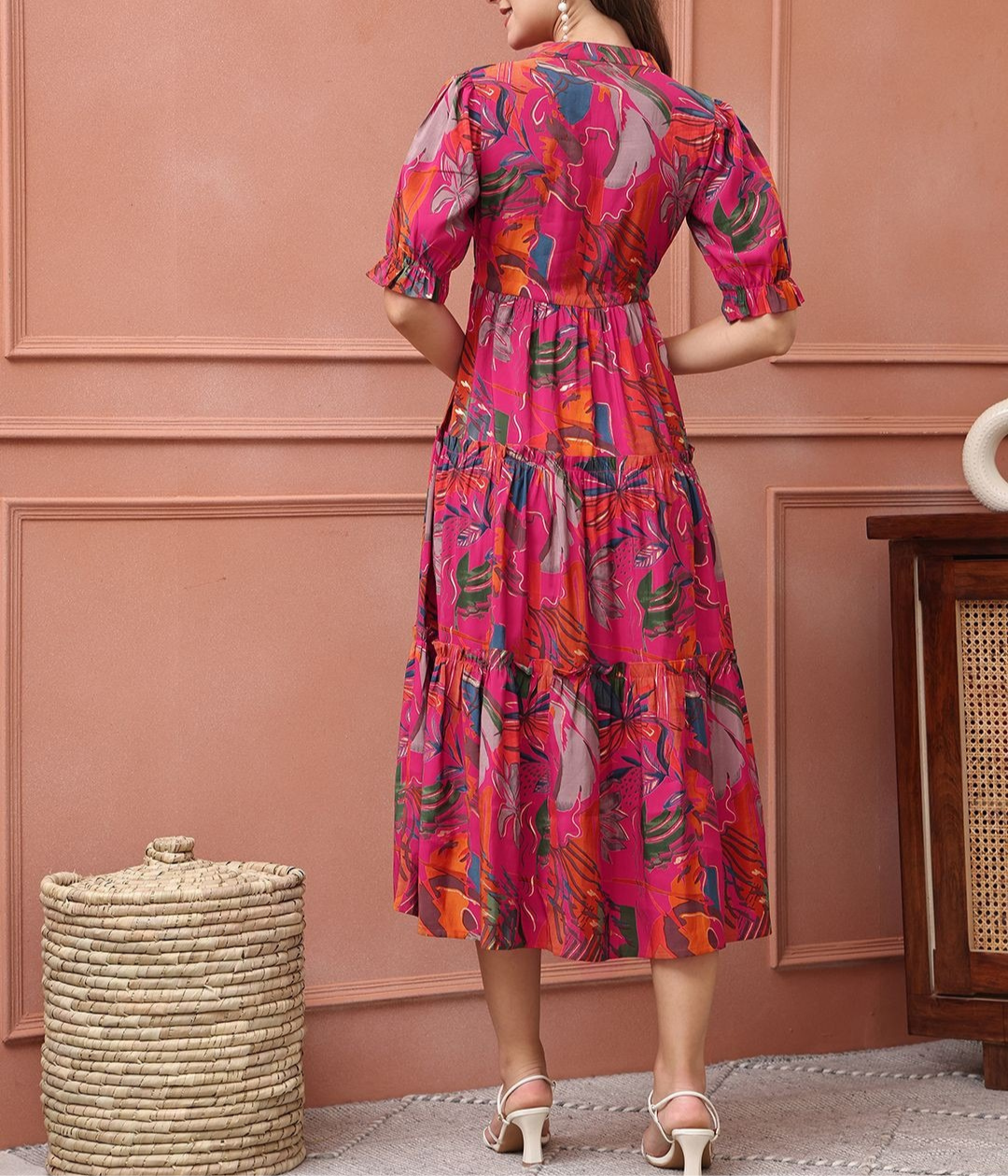 Burning Bones Pink Floral Tiered Midi Dress for Women | Puff Sleeve Cotton Casual Dress