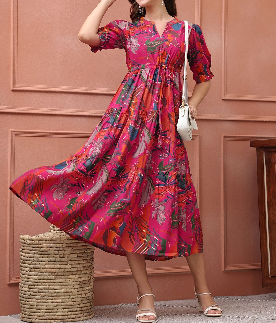 Burning Bones Pink Floral Tiered Midi Dress for Women | Puff Sleeve Cotton Casual Dress