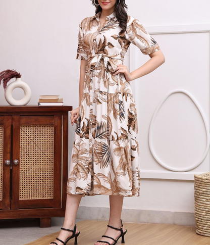 Burning Bones Beige Tropical Print Shirt Midi Dress for Women  | Belted Summer Dress