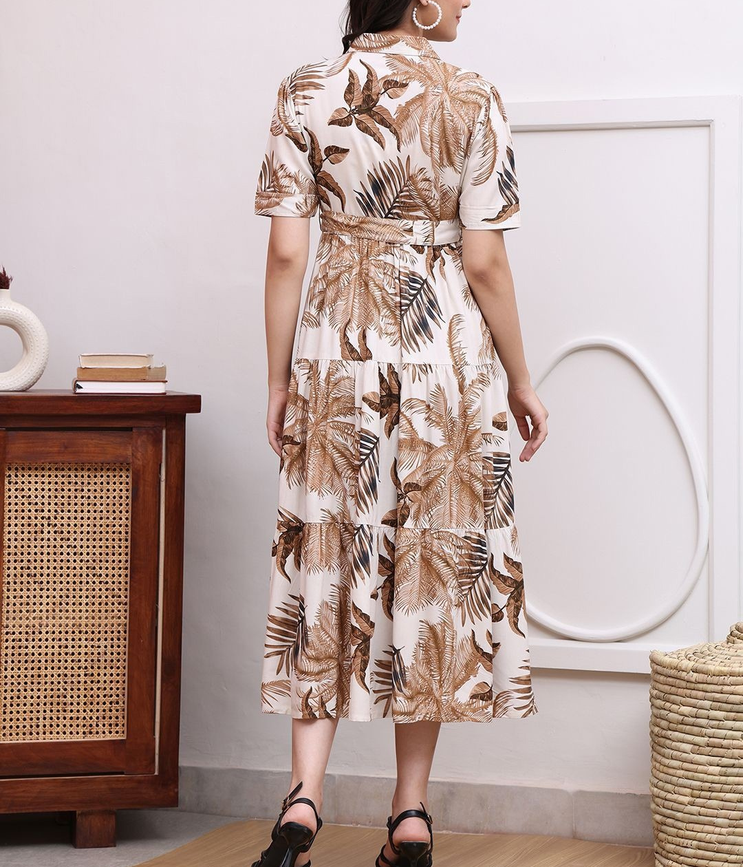 Burning Bones Beige Tropical Print Shirt Midi Dress for Women  | Belted Summer Dress