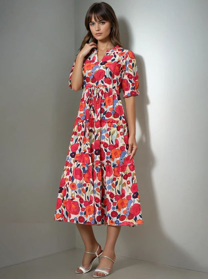 Burning Bones Multicolor Floral Printed Tiered Midi Dress | Puff Sleeve Cotton Dress for Women