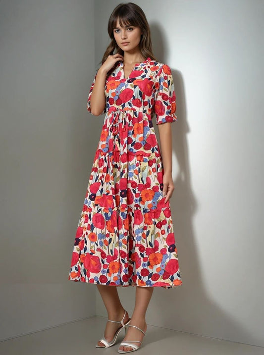 Burning Bones Multicolor Floral Printed Tiered Midi Dress | Puff Sleeve Cotton Dress for Women